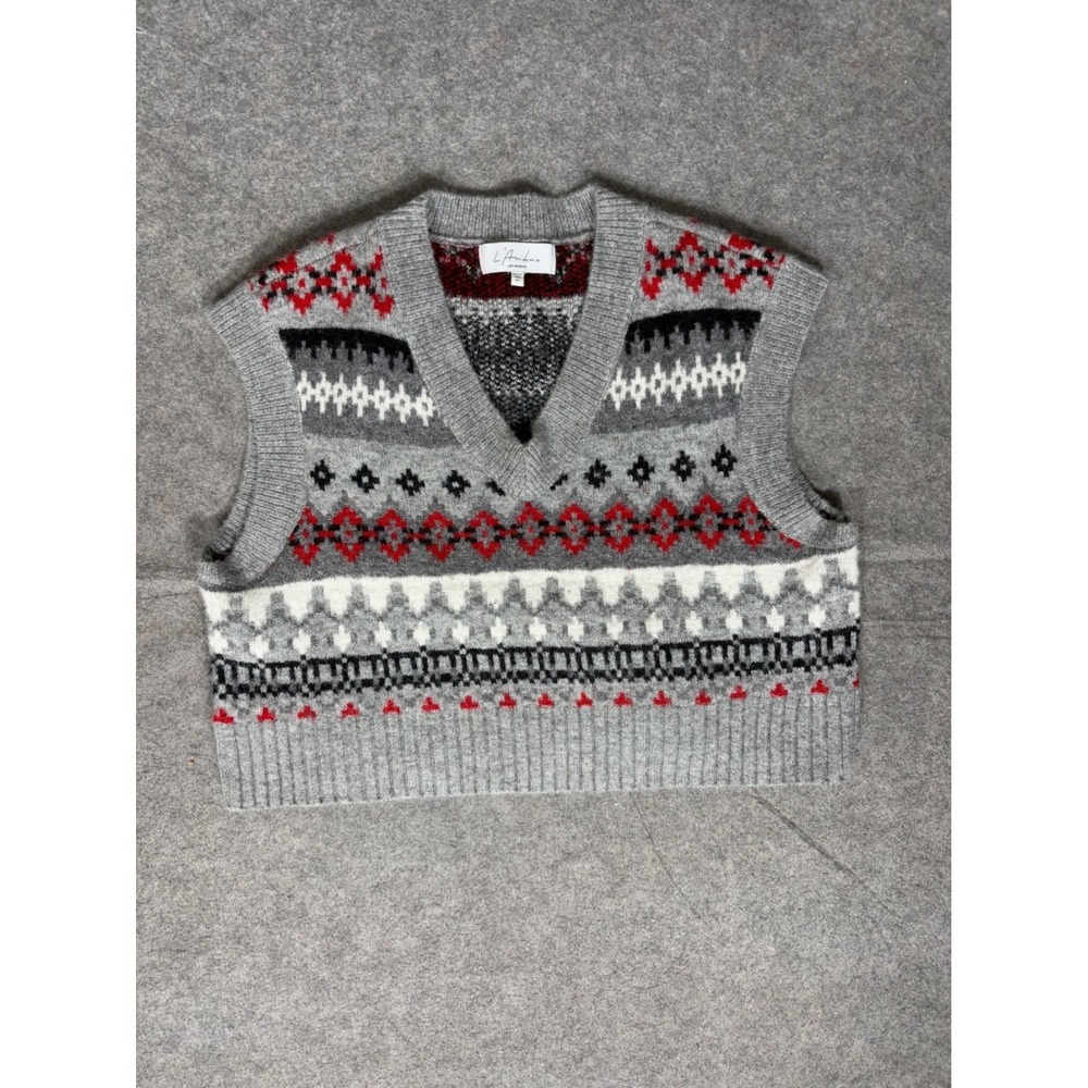 L'Academie Womens Grey Fair Isle Knit V-Neck Cropped Sweater Vest XS Multi Color